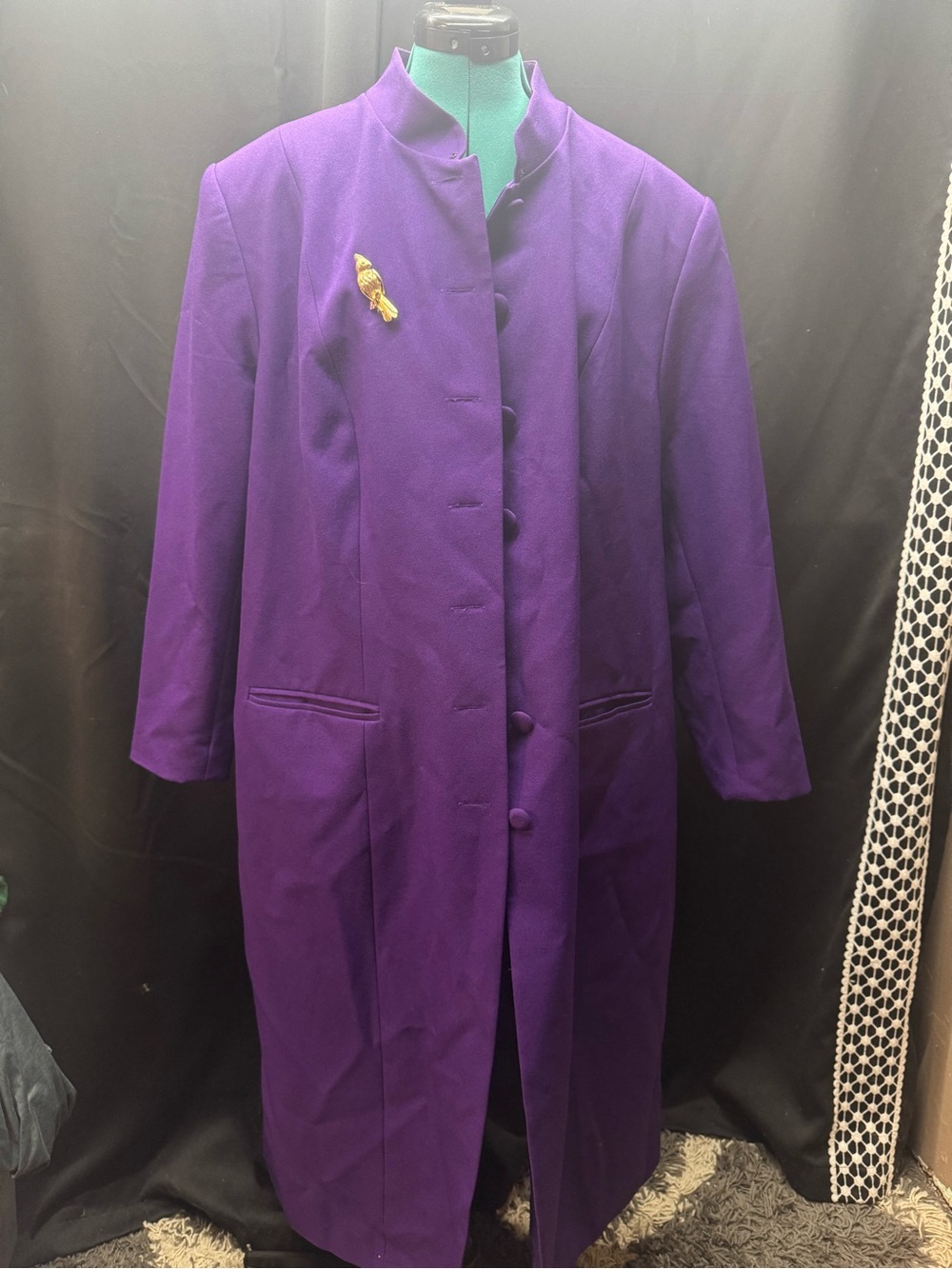 Classic Purple Long Trench Coat with Covered Buttons